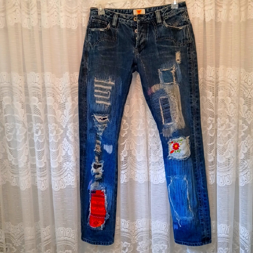 Antik Denim Blue Straight Jeans with Distressed Details